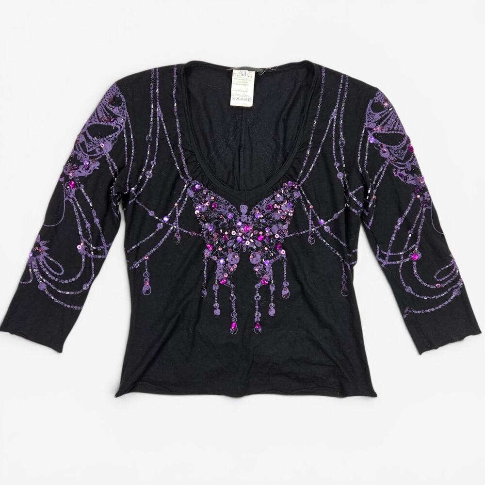 Y2k Euro Beaded Top Richmond Half-Sleeve Black Sequin - Medium